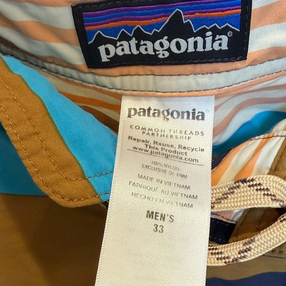 Patagonia Men’s Navy, Teal & Olive Striped Boardshorts